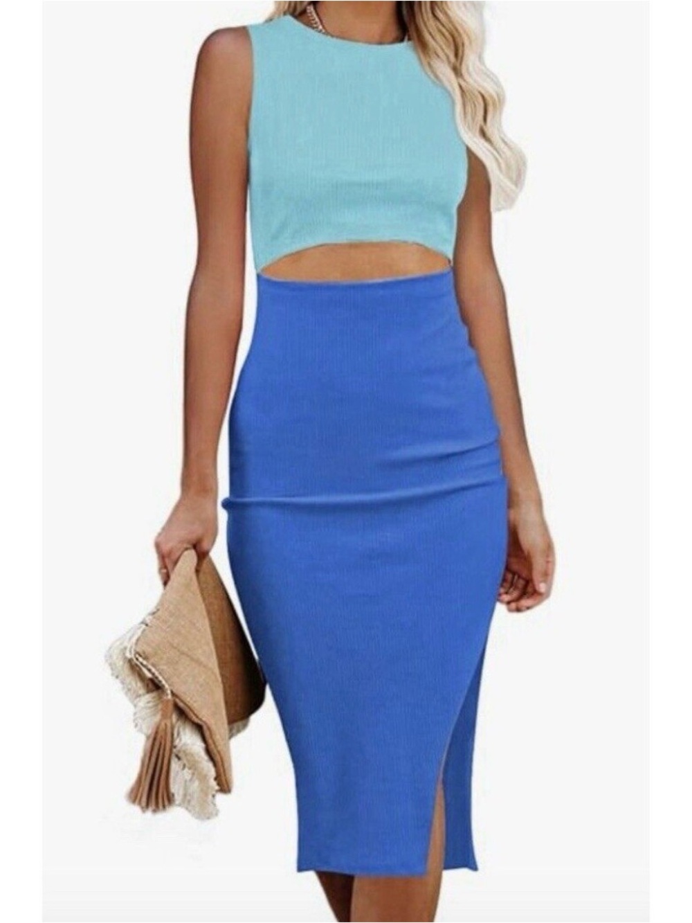 Two-Tone Blue Midi Dress with Side Slit